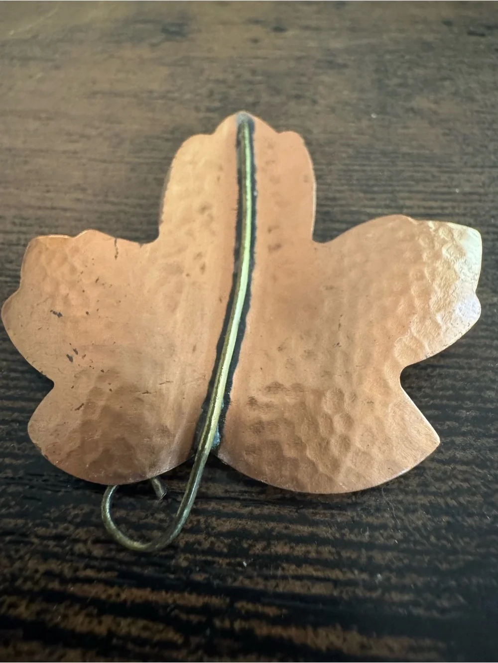Vintage Hallmark Hammered Copper Tone Leaf Brooch with Dark Central Stripe, Fall